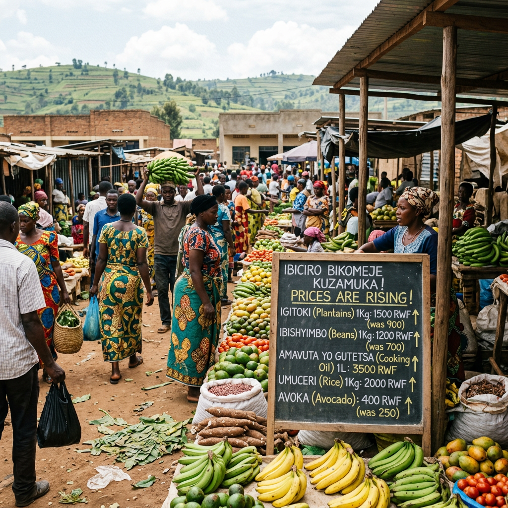 Outdoor market crowded with shoppers and stalls displaying fruits and vegetables; sign showing increased food prices in local currency